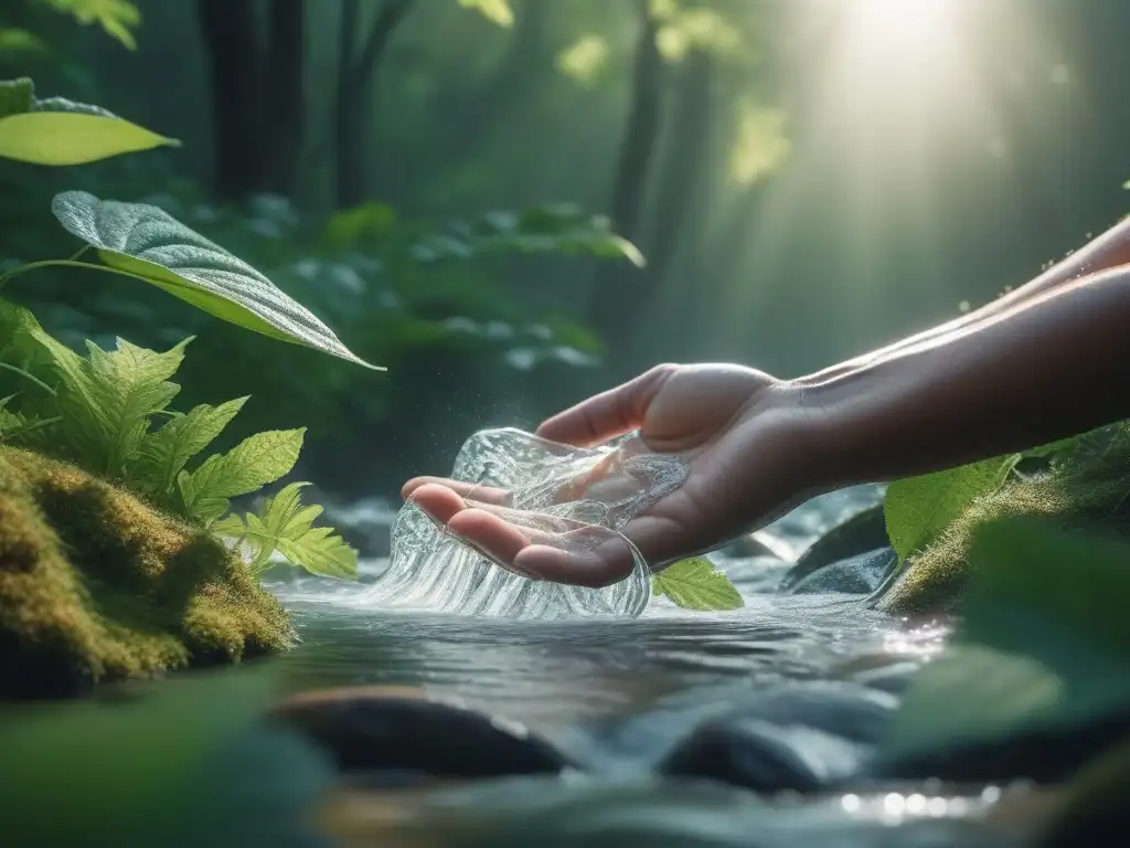 Lavado a mano de prendas delicadas en arroyo cristalino Manos lavando prendas delicadas en arroyo cristalino rodeado de vegetación, con luz solar filtrándose entre las hojas