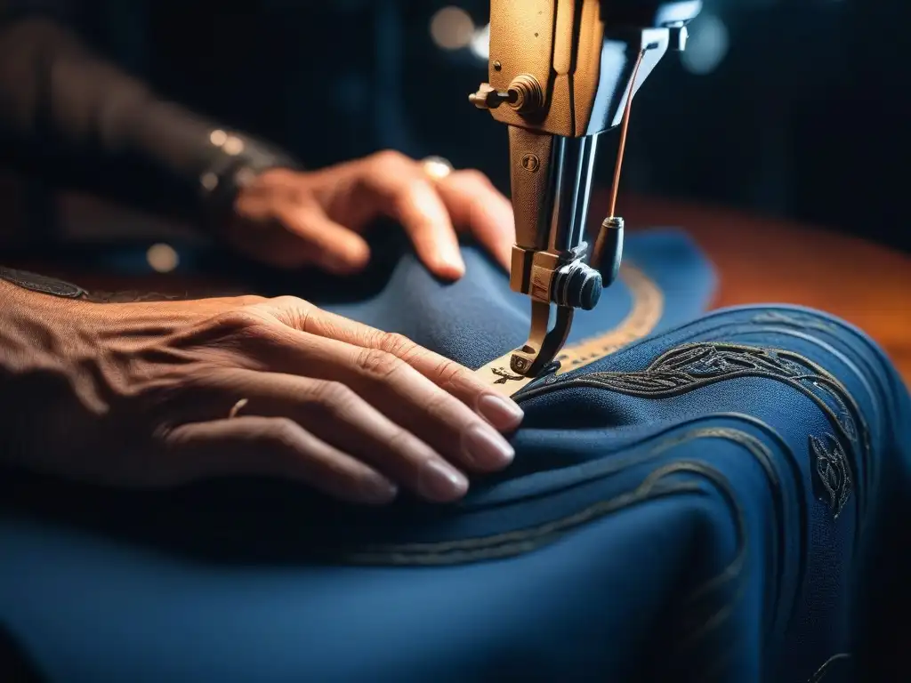 Bordado artesanal: manos expertas crean moda exclusiva Manos de sastre cosiendo patrones en tela lujosa, resaltando la artesanía y atención al detalle de la personalización en moda para todos