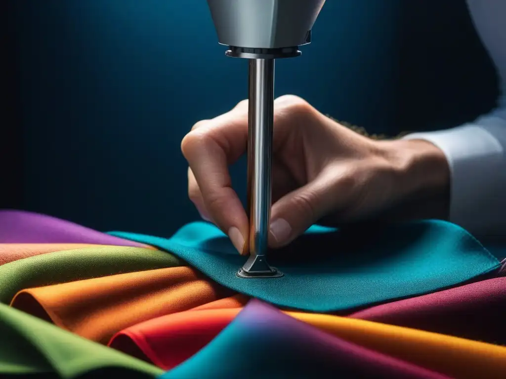 Costurera experta fusionando telas sostenibles con destreza Las manos de un sastre cosiendo telas sostenibles en colores vibrantes, representando la moda sostenible accesible para todos