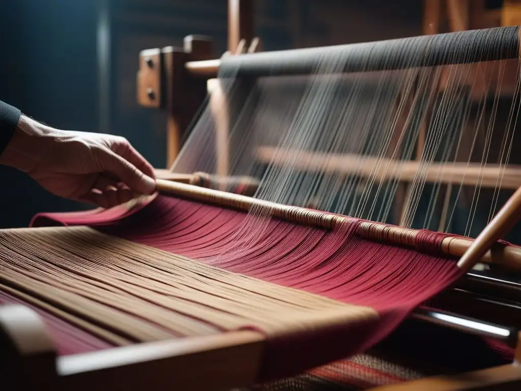 Tejido artesanal en telar: belleza y sostenibilidad Manos tejiendo tela en telar de madera, resaltando la belleza y la artesanía de la moda sostenible nuevos materiales desarrollo
