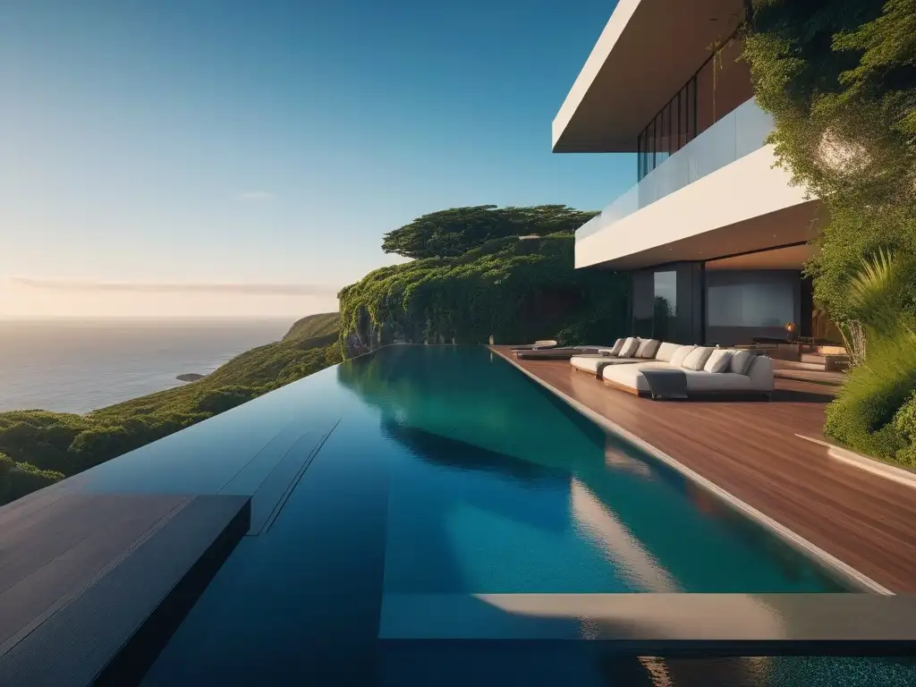 Residencia de lujo con diseño futurista y vistas al mar Una mansión moderna de lujo con tecnología impresionante, rodeada de naturaleza, reflejando la innovación en casas de lujo