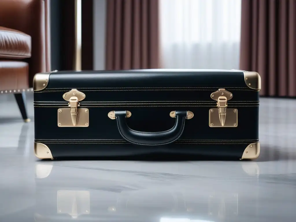 Maleta de lujo: detalle y elegancia en 8k Mantenimiento equipaje lujo duradero: Elegante maleta de lujo de cuero sobre suelo de mármol, repleta de accesorios lujosos y organizados