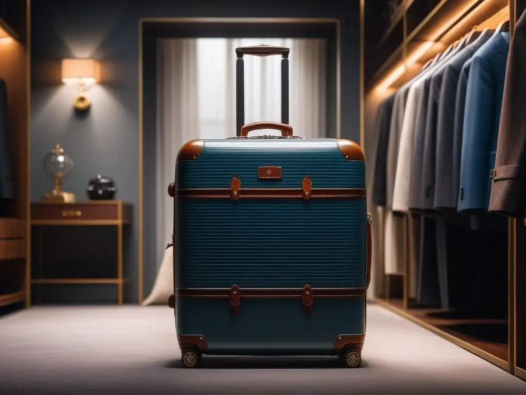 Conjunto de equipaje de lujo en un armario elegante y organizado Mantenimiento equipaje lujo duradero: Conjunto de maletas de lujo en un armario elegante y organizado, iluminadas con detalle y sofisticación