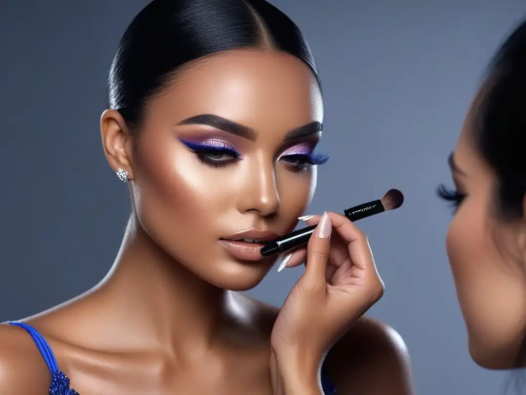 Maquilladora de lujo aplicando maquillaje high-end en estudio moderno Un maquillador aplica maquillaje de alta gama en un elegante estudio de maquillaje