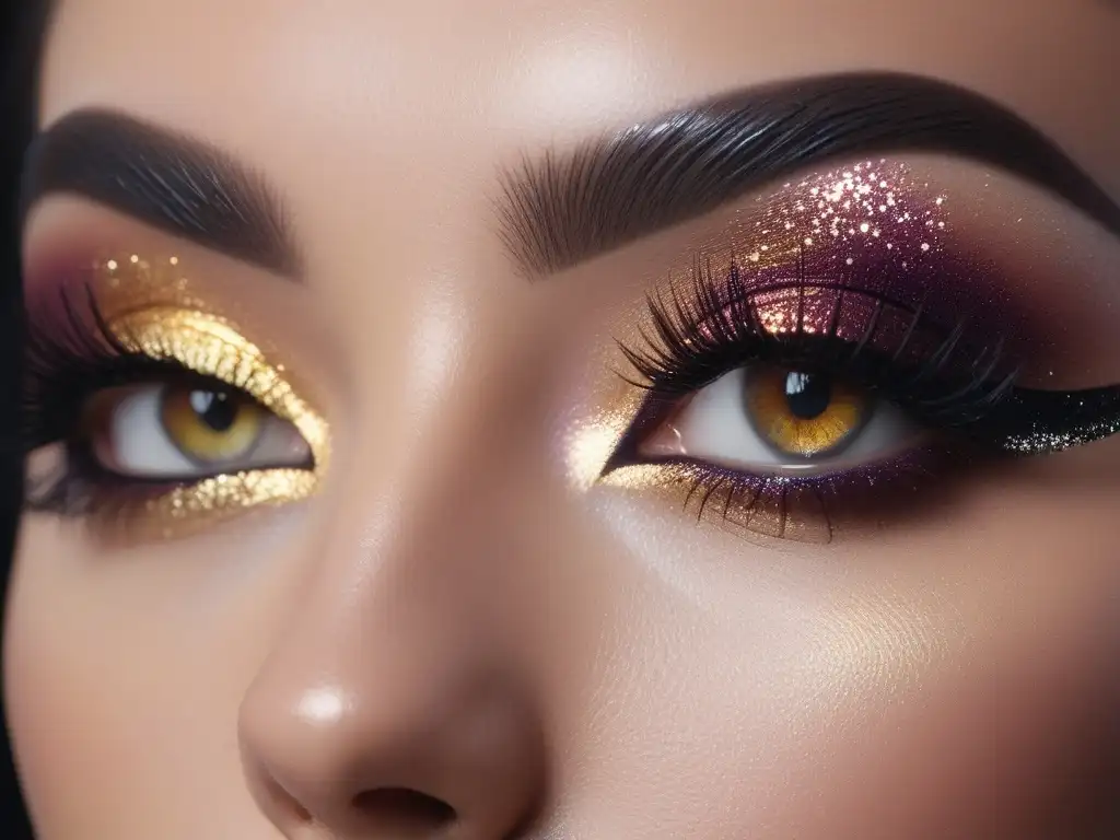 Maquillaje de ojos impactante: ala negra y sombras de ciruela y oro Un maquillaje de alta gama para eventos, con un ojo resaltando un look dramático y detallado en tonos de ciruela y dorado
