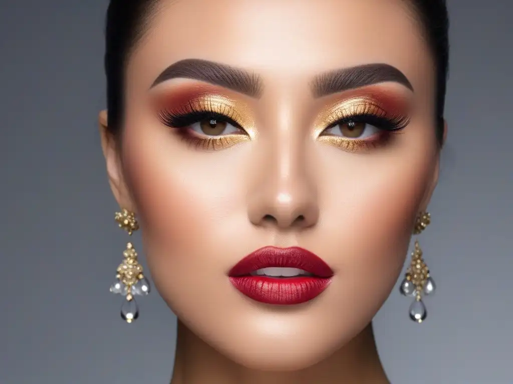 Maquillaje de lujo para eventos exclusivos: ojos dorados y labios rojos Maquillaje de alta gama para eventos: detallada imagen de rostro con maquillaje impecable y lujoso, resaltando ojos y labios glamurosos