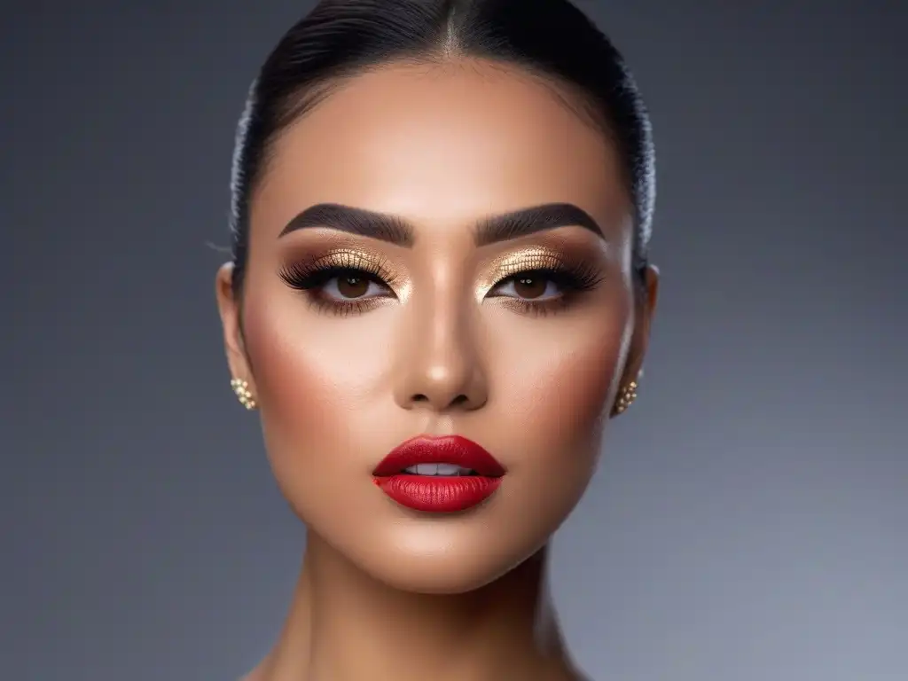 Maquillaje de lujo para evento especial: oro, bronce y rojo intenso Maquillaje de alta gama para eventos: maquillaje impecable con sombras doradas y bronce, labios rojos intensos y piel radiante