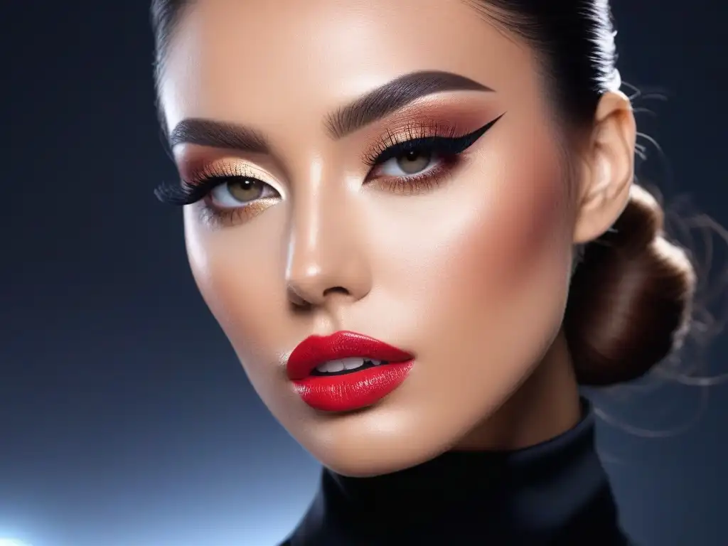 Maquillaje de lujo: detalle en modelo con productos sofisticados Maquillaje de lujo para tallas petite: Detalle exquisito de modelo con maquillaje impecable y productos lujosos en envases modernos