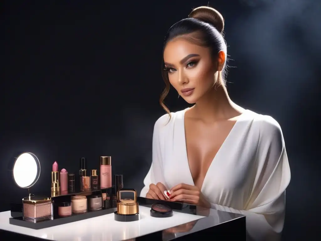 Maquillaje de lujo para pequeñas: elegancia y confianza Maquillaje de lujo para tallas petite: una modelo exudando elegancia y confianza con maquillaje impecable en una mesa de tocador moderna y lujosa