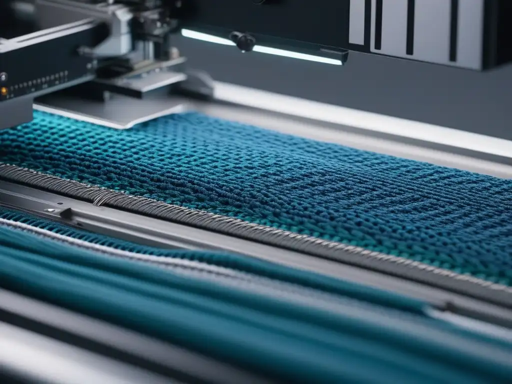 Tejido elástico de alta tecnología en máquina de punto Una máquina de tejer de alta tecnología creando patrones intrincados en tejidos elásticos para moda inclusiva