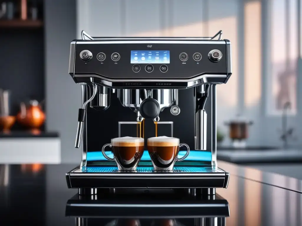 Espresso machine futurista de cromo y vidrio con luces LED Una máquina de café futurista de cromo pulido y vidrio, con luces LED y patrones geométricos, en una cocina moderna y minimalista