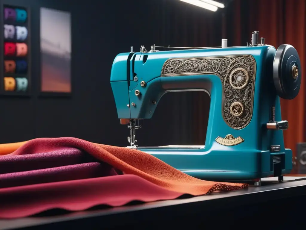 Máquina de coser futurista en atelier de moda Una máquina de coser futurista en un bullicioso taller de moda diversa