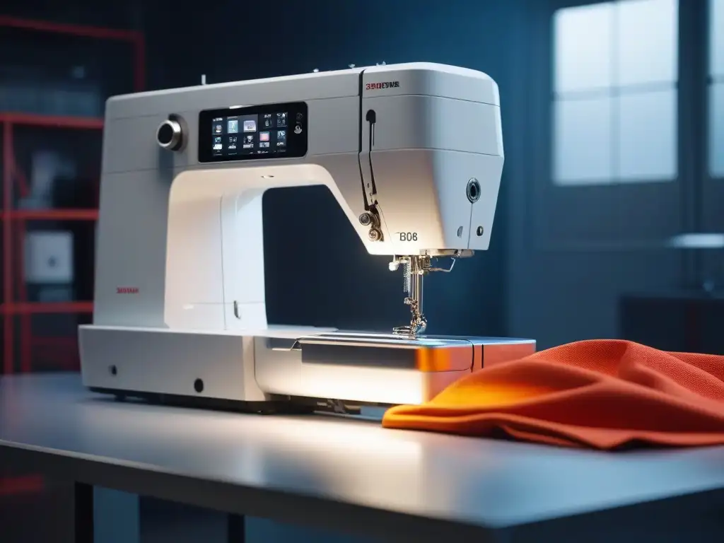 Máquina de coser futurista en estudio de moda contemporáneo Una máquina de coser futurista en un estudio de moda contemporáneo, con tecnología avanzada y ambiente inspirador