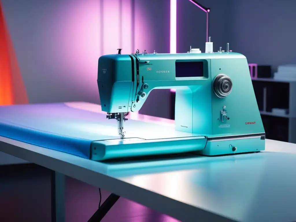 Sewing Machine Futurista en Estudio de Moda de Alta Tecnología Una máquina de coser futurista ilumina un estudio de moda vanguardista, donde diseñadores crean para distintos estilos
