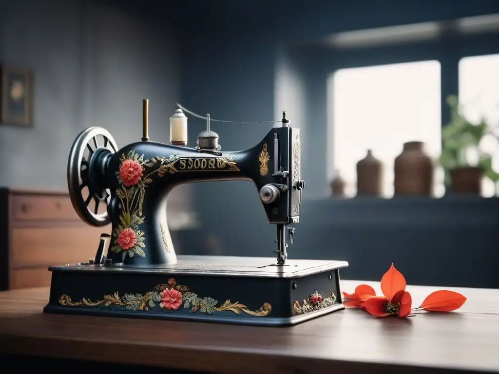 Maestría en costura: Máquina de coser vintage Una máquina de coser vintage con detalles florales, en un estudio minimalista bañado por luz natural