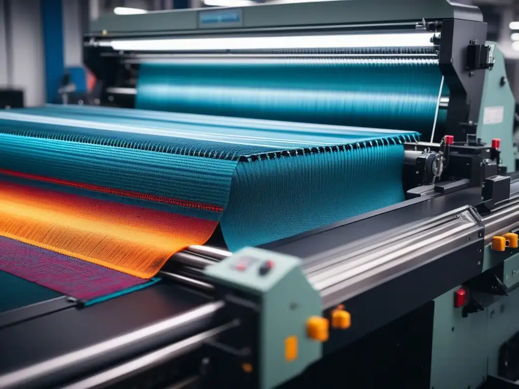 Tejido innovador: máquina textil en acción Maquinaria textil en acción creando patrones innovadores para ropa tejidos adaptativos duraderos