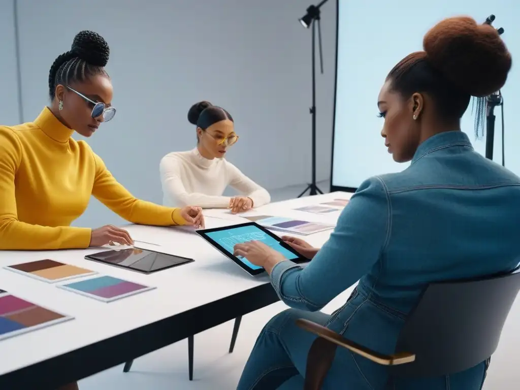 Diseñadores de moda innovadores creando juntos en un estudio inclusivo Marcas emergentes de moda inclusiva: Diseñadores crean con pasión en un estudio luminoso y moderno