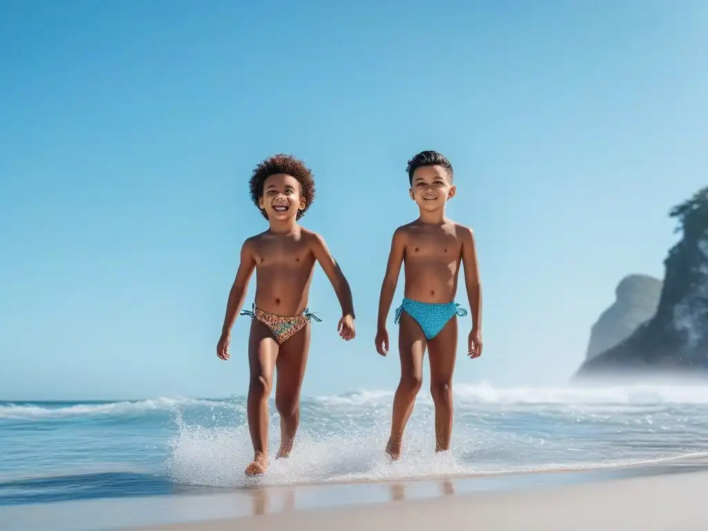 Diversión inclusiva en la playa: niños de diferentes etnias lucen trajes de baño únicos Marcas inclusivas ropa baño niños: Niños de diversas etnias juegan felices en la playa, luciendo trajes de baño únicos y coloridos
