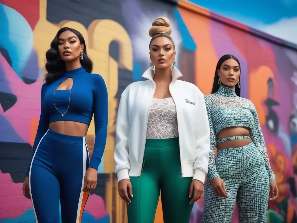 Moda transinclusiva: diversidad y estilo en la ciudad Marcas moda inclusivas trans apoyo: Grupo diverso en atuendos de marcas inclusivas, empoderados ante murales urbanos