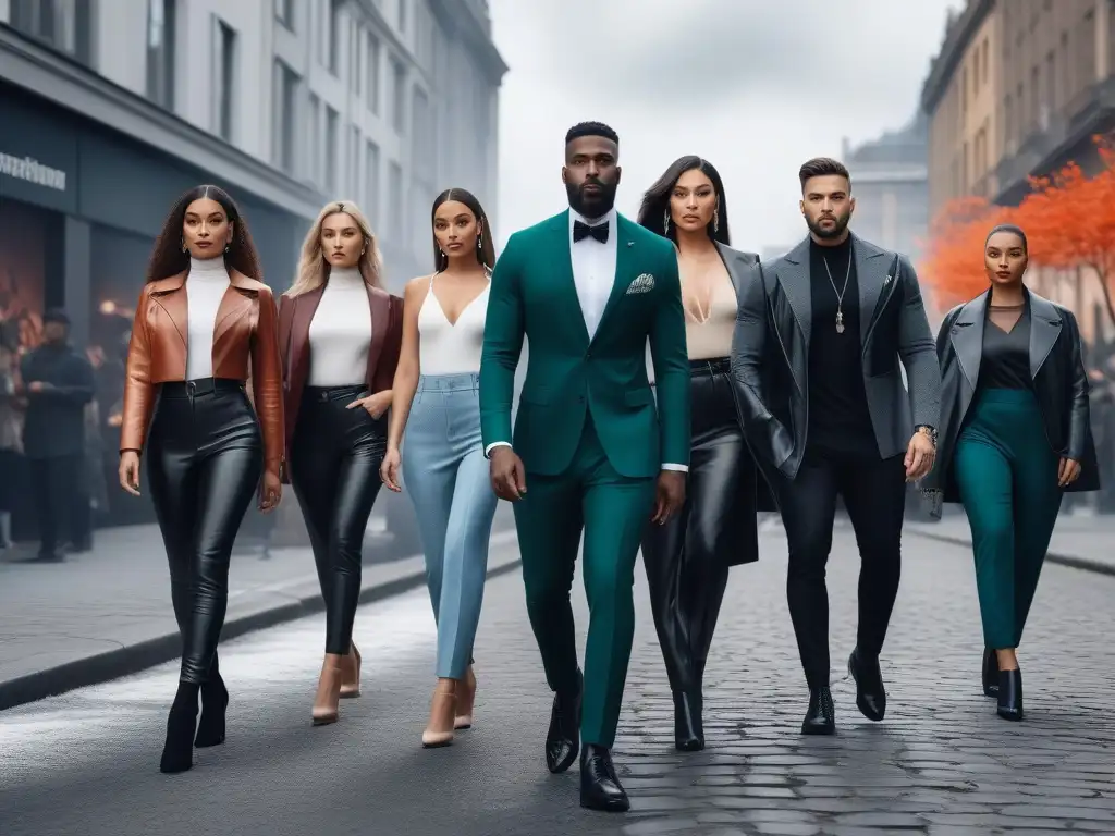 Moda inclusiva: diversidad y empoderamiento en la ciudad Marcas de moda inclusivas éxito: Grupo diverso de modelos posando con confianza en atuendos elegantes, en una calle urbana vibrante