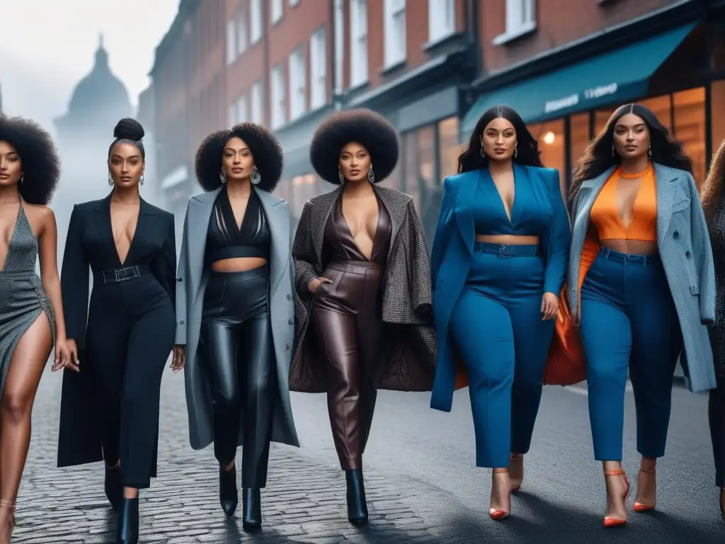 Moda inclusiva: Modelos diversos irradian confianza en la ciudad Marcas de moda inclusivas éxito: Grupo diverso de modelos posando con confianza y estilo en la ciudad
