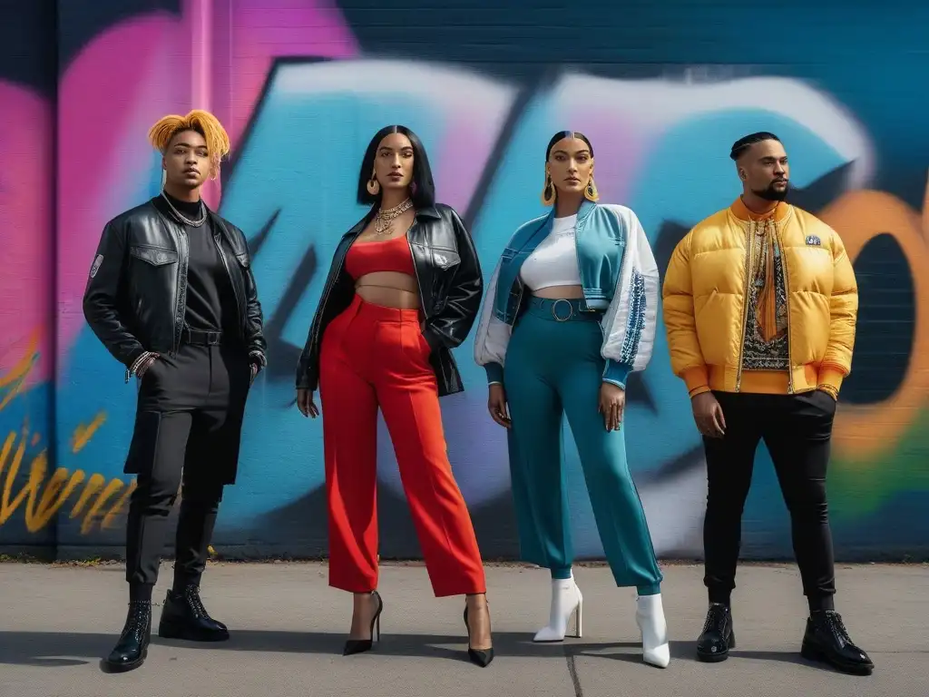 Moda inclusiva: Trans y no binarios deslumbrantes en la ciudad Marcas de moda inclusivas tallas: Grupo diverso de personas trans y no binarias luciendo outfits urbanos y coloridos en un entorno moderno y vibrante