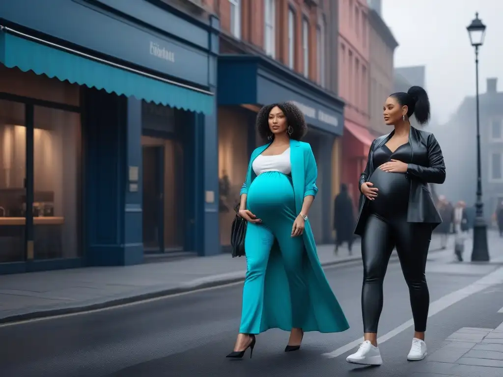 Maternidad inclusiva: mujeres embarazadas empoderadas en la ciudad Marcas de moda maternidad inclusivas: Grupo diverso de mujeres embarazadas, seguras y sonrientes, luciendo moda moderna en la ciudad