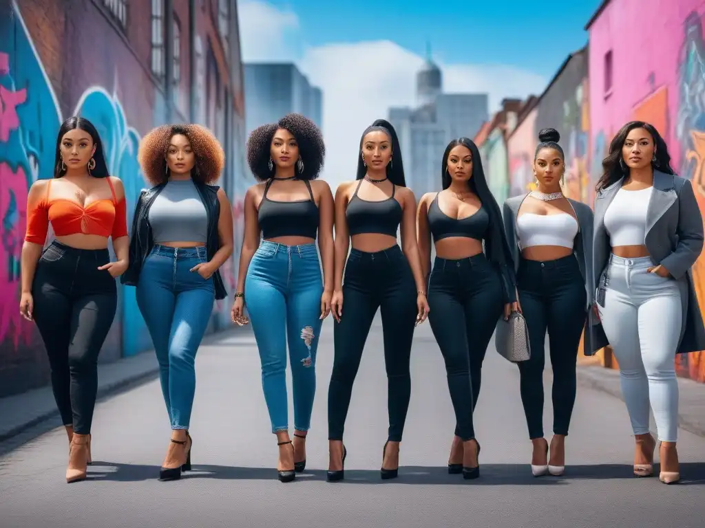Moda petite: mujeres diversas deslumbran con estilo urbano Marcas moda petite diversidad corporal: Mujeres seguras y diversas lucen ropa trendy en la ciudad, representando inclusión y confianza