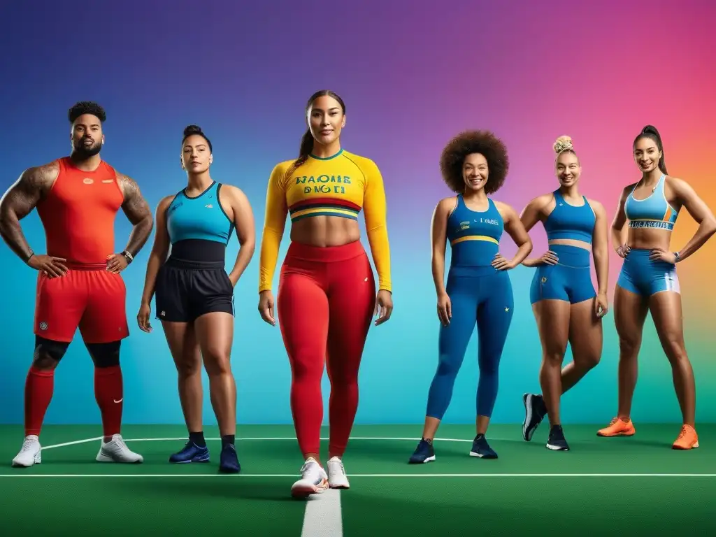 Diversidad deportiva: atletas felices celebran juntos Marcas de ropa deportiva celebran diversidad en cuerpos y deportes con atletas unidos y felices en campo colorido