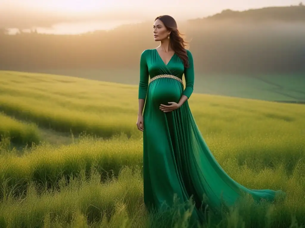 Maternidad eco en campo verde al atardecer Maternidad y naturaleza en armonía: mujer embarazada en campo verde con vestido sostenible al atardecer