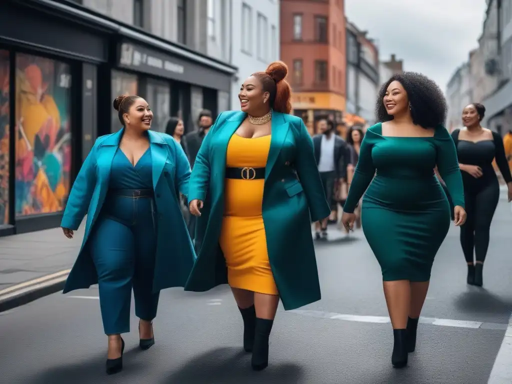 Empoderamiento plussize: diversidad y confianza en la ciudad Una representación plus size en medios: grupo diverso camina seguros y felices por la ciudad, simbolizando inclusividad y autoaceptación