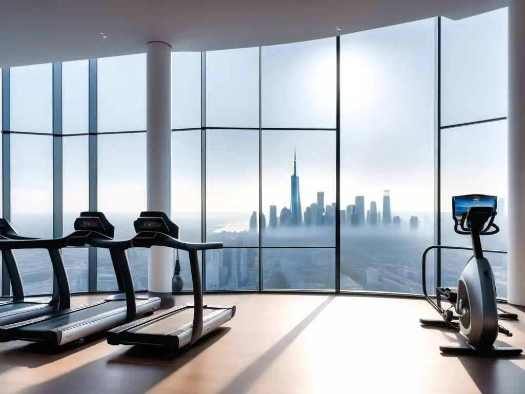 Gimnasio futurista y vibrante con máquinas de cardio de alta tecnología y diseño sofisticado, iluminadas por luces LED dinámicas, enmarcadas por una vista panorámica de la ciudad al atardecer Mejores equipos fitness cardio 2023: Gimnasio futurista con máquinas de alta tecnología y vista panorámica de la ciudad al atardecer