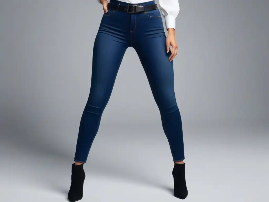 Jeans ajustados de tiro alto para estilizar la figura Mejores jeans para figura petite: Pantalones ajustados de tiro alto en lavado índigo, con detalles favorecedores y estilo atemporal