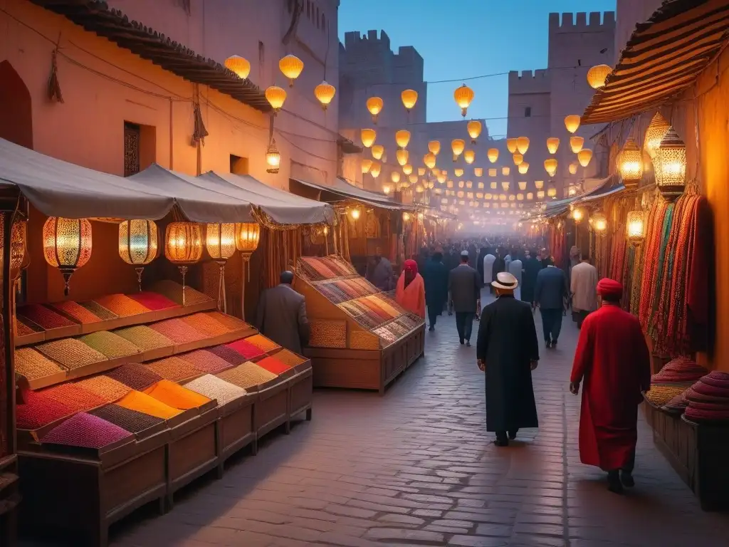 Mercado vibrante en Marrakech: colores, aromas y tradición Mercado bullicioso en Marrakech con textiles coloridos y especias aromáticas