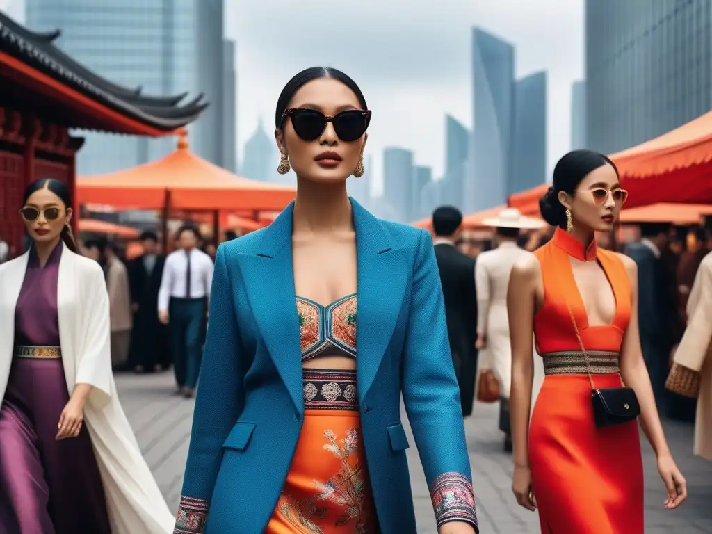 Mercado callejero vibrante: moda Este-Oeste en fusión Un mercado callejero bullicioso y colorido con moda occidental y oriental se fusionan en una vibrante escena de intercambio cultural