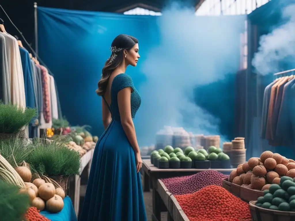 Mercado local sostenible: moda eco-friendly y artesanía Un mercado local vibrante y bullicioso, lleno de puestos coloridos que venden moda sostenible hecha a mano
