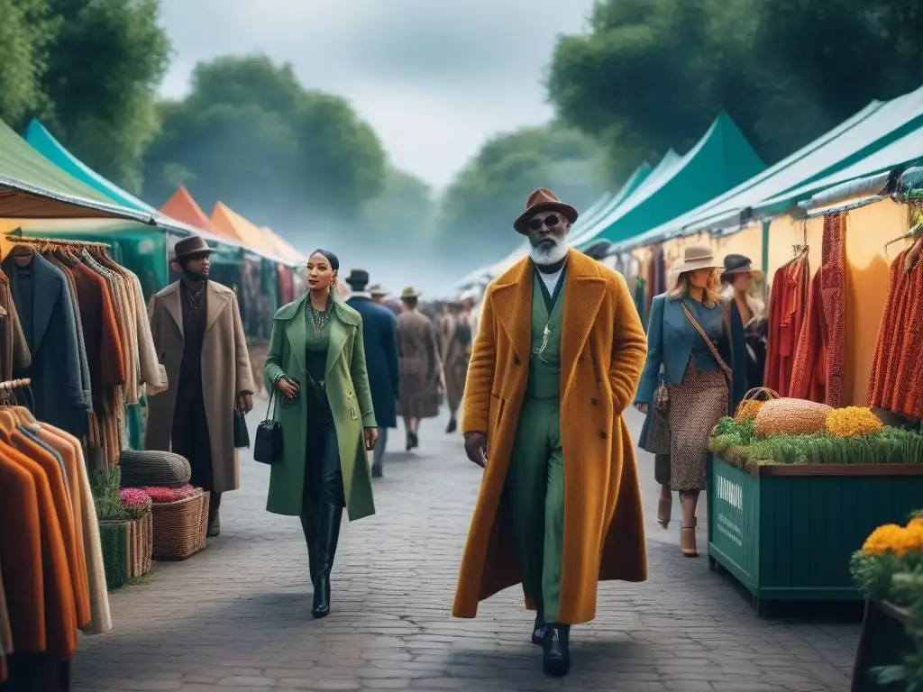 Mercado de Moda Sostenible: Estilo y Diversidad en la Ciudad Un mercado de moda sostenible lleno de diversidad, tallas y colores, en una ciudad verde