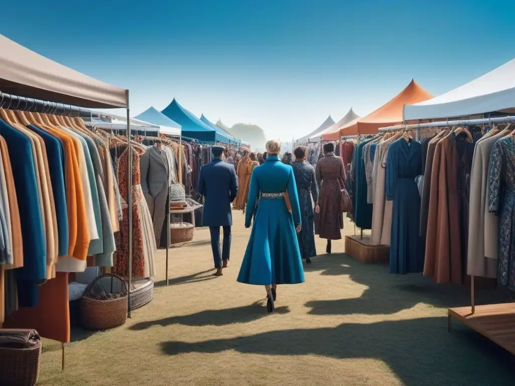 Mercado de ropa de segunda mano: diversidad, sostenibilidad y comunidad Un mercado de segunda mano vibrante y diverso bajo el cielo azul, con moda sostenible y normativas inclusivas