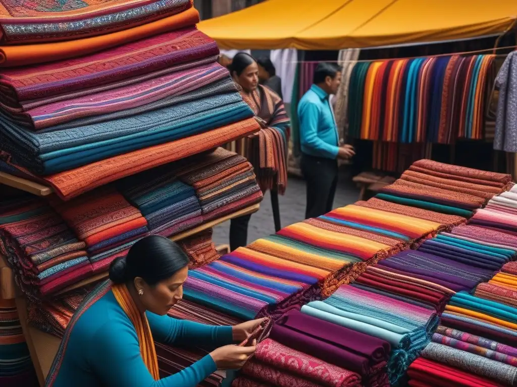 Mercado textil en la CDMX: colores y tradición artesanal Un mercado de textiles en México, con paletas de colores y patrones vibrantes que representan el significado cultural en la moda