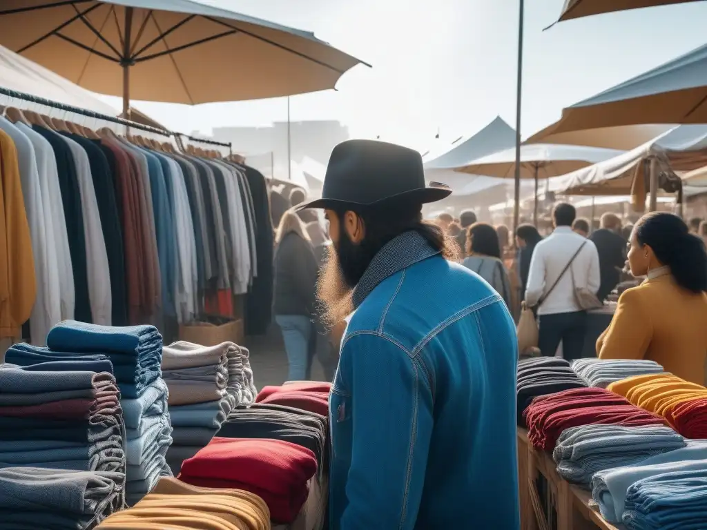 Mercado sostenible: moda consciente en un bullicioso mercado al aire libre Un mercado vibrante donde el consumidor consciente explora prendas sostenibles