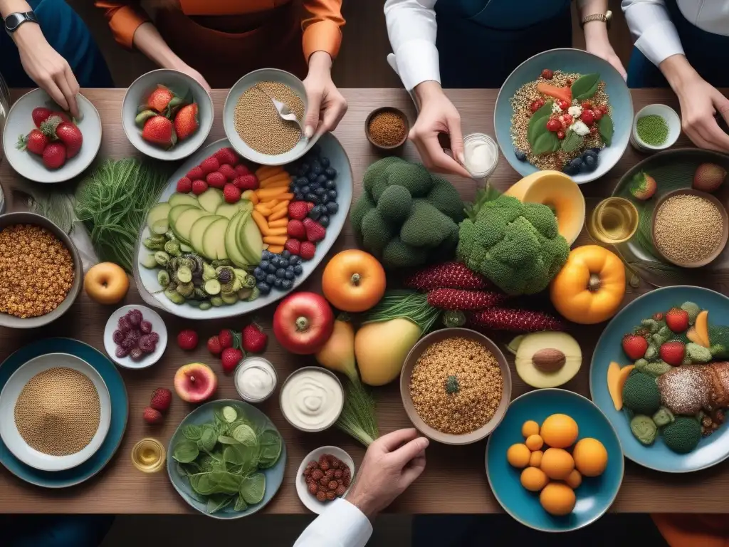 Exquisita mesa sin gluten: nutrición y diversidad Una mesa colorida con opciones saludables sin gluten, rodeada de un grupo diverso de personas expertas y comensales