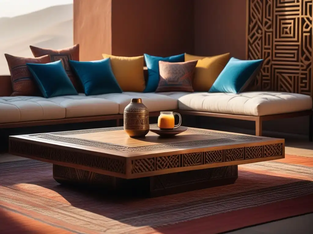 Mesita tallada africana con cojines lujosos: fusión cultural Una mesa de café de diseño global exclusivo con tallados de África y cojines inspirados en Oriente Medio