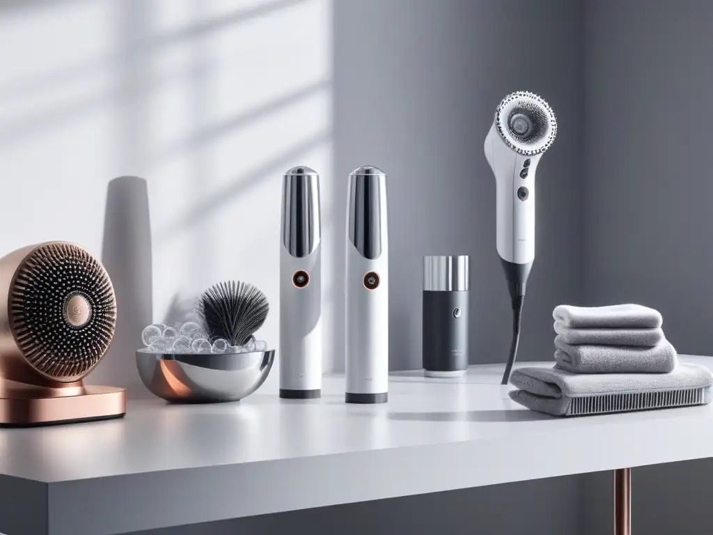 Vanity table con Dyson y Harry Josh: lujo y tecnología Una mesa de tocador moderna con secadores Dyson Supersonic y Harry Josh Pro, rodeada de productos y luz brillante
