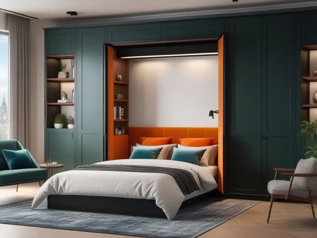 Murphy bed multifuncional en sala moderna de apartamento pequeño Mobiliario ideal para departamentos petite: sofisticación y funcionalidad en un estudio moderno