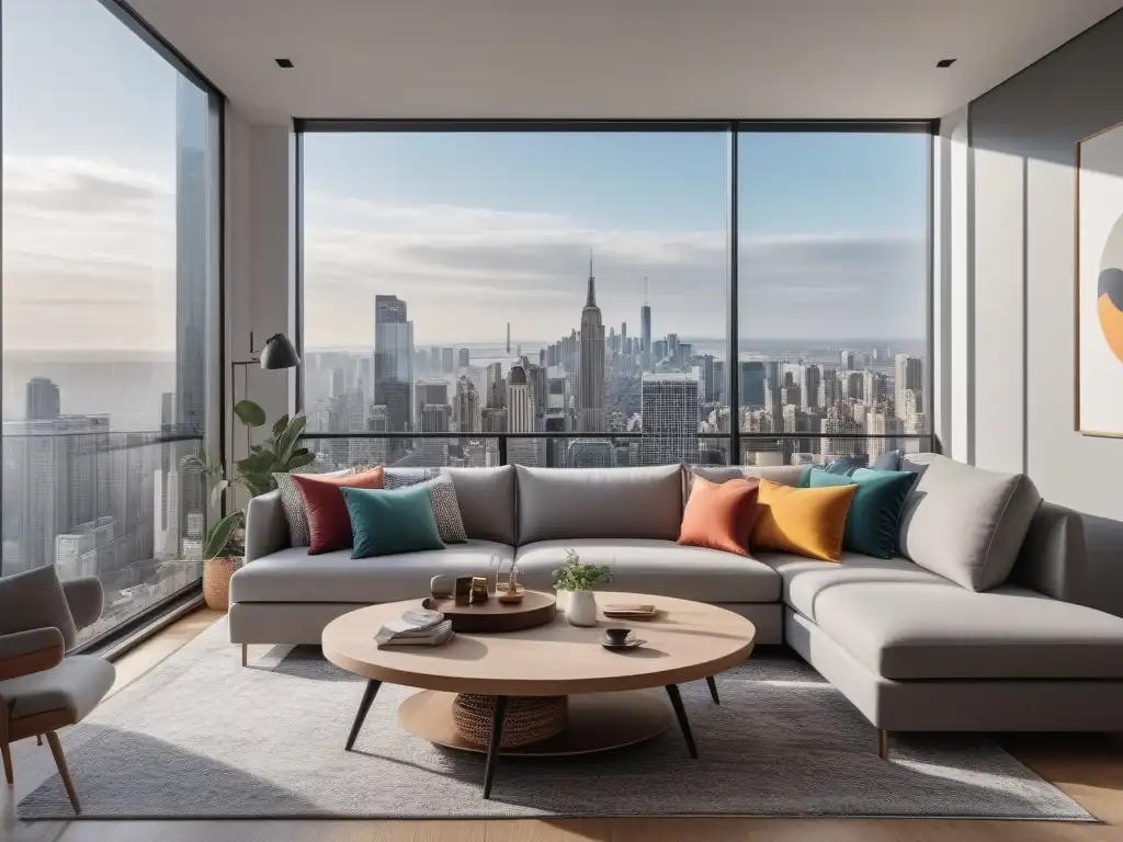 Sofá multifuncional en sala pequeña con estilo moderno Mobiliario ideal para departamentos petite: Sofá multifuncional en sala elegante con vista a ciudad