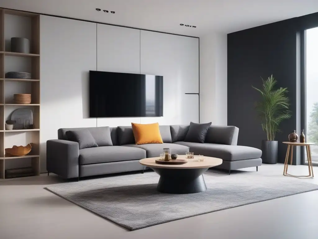 Sofá convertible y mesa multifuncional en sala moderna Mobiliario ideal para departamentos petite: sala ultramoderna con sofá convertible gris, mesa multifuncional y decoración minimalista