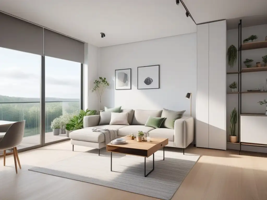 Salón moderno en apartamento pequeño con diseño minimalista y funcional Mobiliario ideal para departamentos petite: Sala moderna y funcional con diseño minimalista en tonos neutros y toques de naturaleza