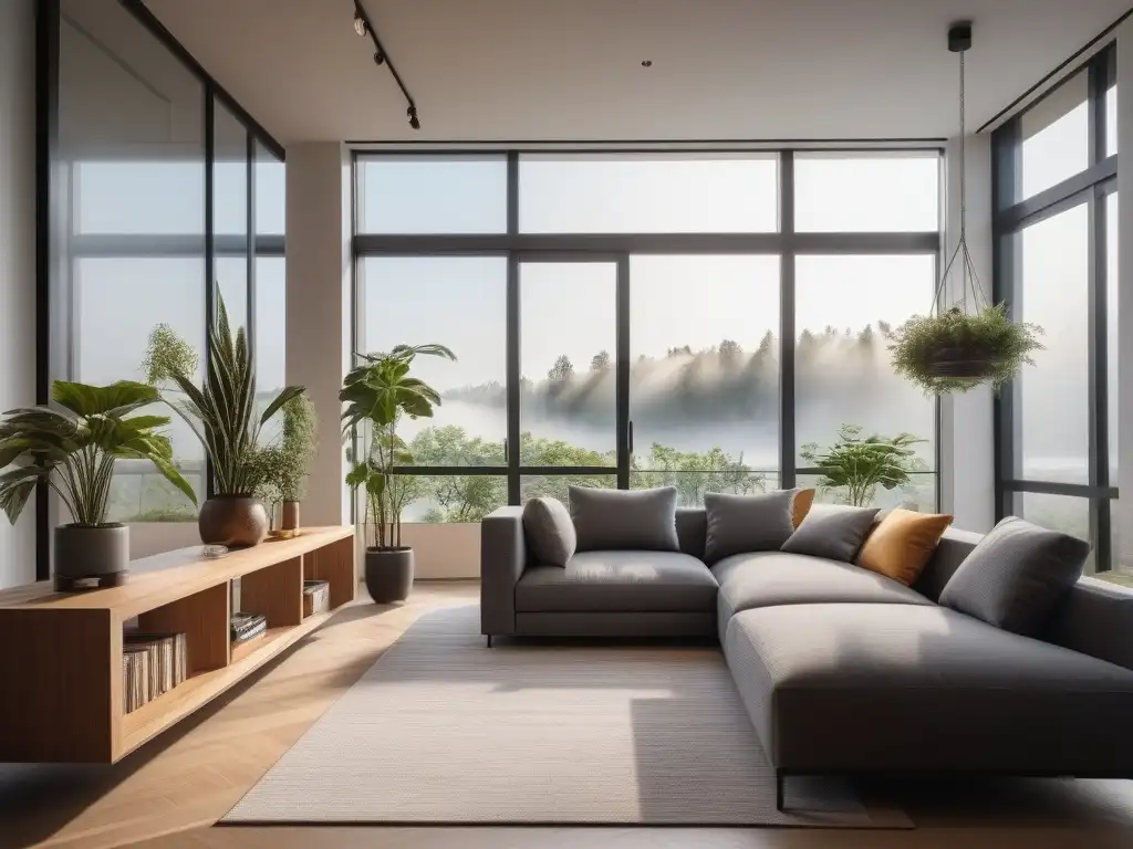 Salón moderno en apartamento pequeño con muebles multifuncionales y plantas Mobiliario ideal para departamentos petite: Sala moderna con sofá multifuncional, mesa minimalista y estantes elegantes con plantas