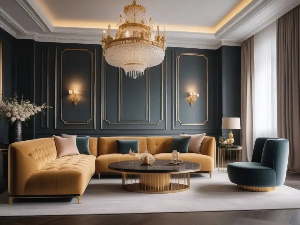 Diseño inclusivo y sofisticado de sala de estar de lujo Mobiliario inclusivo para todos cuerpos en lujoso salón moderno con detalles en dorado