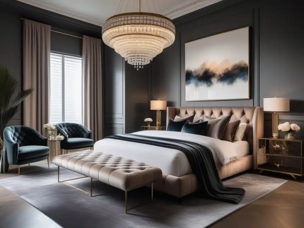 Dormitorio moderno de lujo con cama de cuero italiano y detalles glamurosos Mobiliario de diseño de lujo en un dormitorio moderno y lujoso con elementos elegantes y sofisticados en tonos neutros y detalles metálicos